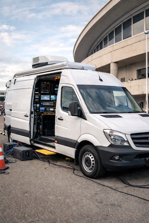 Control room broadcast engineer monitoring multiple camera feeds